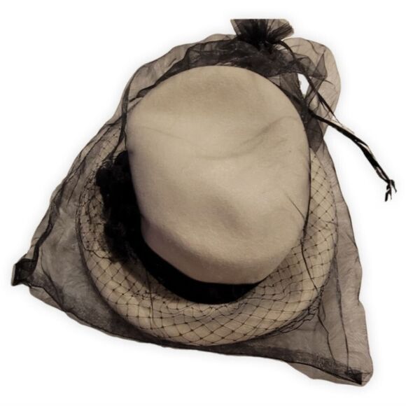 Vincent Wu Vintage Ivory Wool Derby Hat with Black Floral & Mesh Trim main image 4